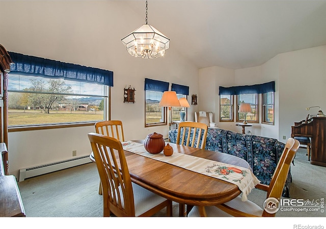 dining area with a healthy amount of sunlight, light colored carpet, an inviting chandelier, and a baseboard heating unit