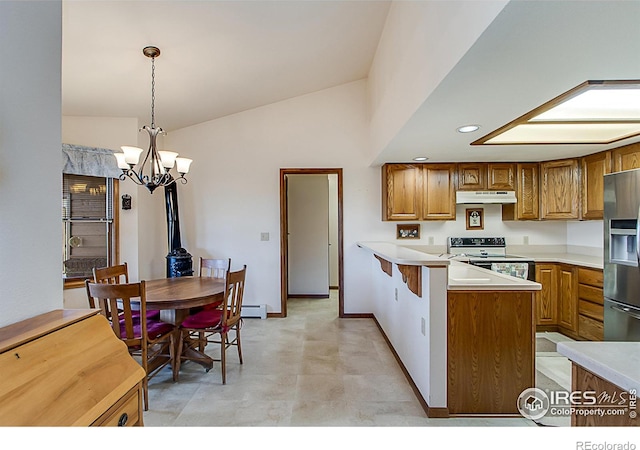 kitchen with white electric range oven, hanging light fixtures, stainless steel refrigerator with ice dispenser, a chandelier, and vaulted ceiling