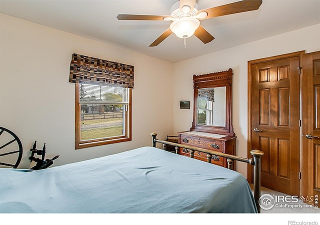 bedroom with ceiling fan and multiple windows