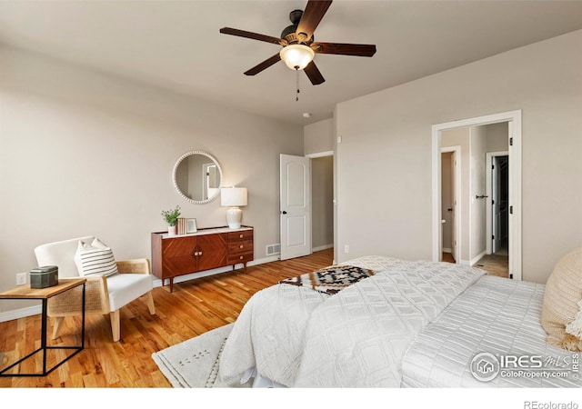 bedroom featuring ceiling fan and light hardwood / wood-style floors