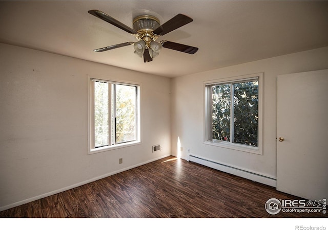 spare room featuring dark hardwood / wood-style flooring, a baseboard radiator, and ceiling fan