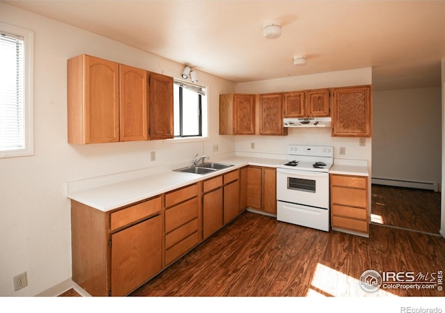 kitchen with dark hardwood / wood-style floors, sink, baseboard heating, and white electric stove