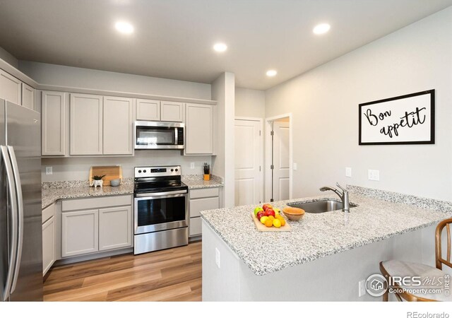 kitchen featuring sink, light wood-type flooring, light stone countertops, appliances with stainless steel finishes, and kitchen peninsula