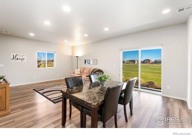 dining room featuring a wealth of natural light and light hardwood / wood-style floors