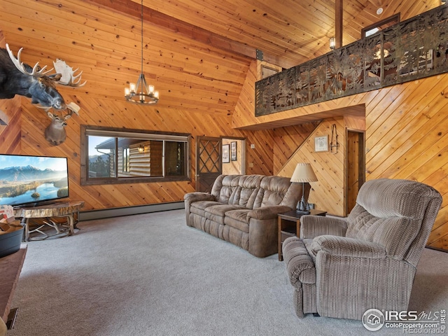 carpeted living room featuring a chandelier, wood walls, high vaulted ceiling, and a baseboard radiator