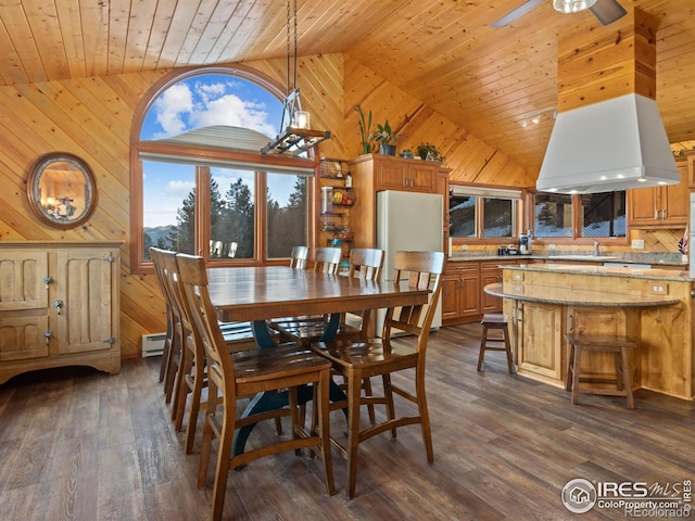 dining room with dark hardwood / wood-style flooring, wood ceiling, and wooden walls