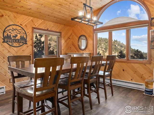 dining space with dark hardwood / wood-style flooring, wood ceiling, a baseboard radiator, an inviting chandelier, and wood walls