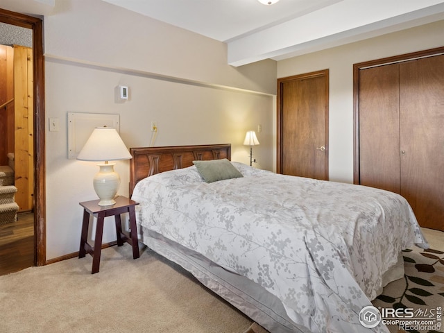 bedroom with multiple closets and light colored carpet