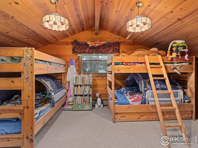 bedroom featuring carpet flooring, vaulted ceiling, wooden ceiling, and wood walls