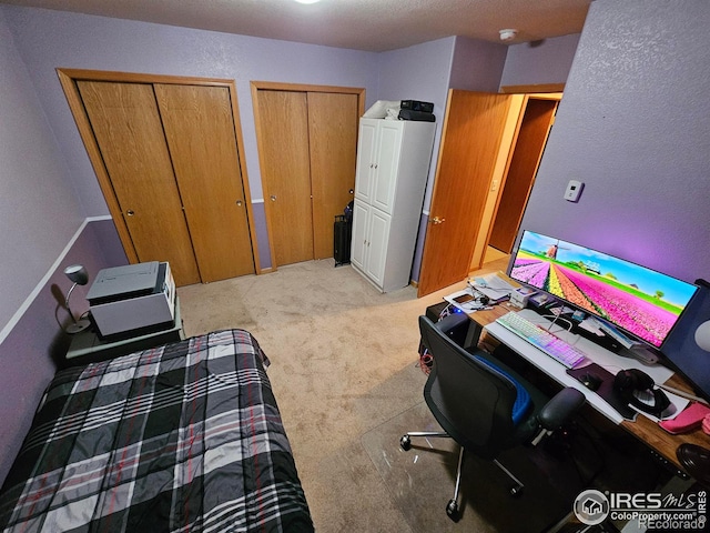 bedroom with light colored carpet and multiple closets