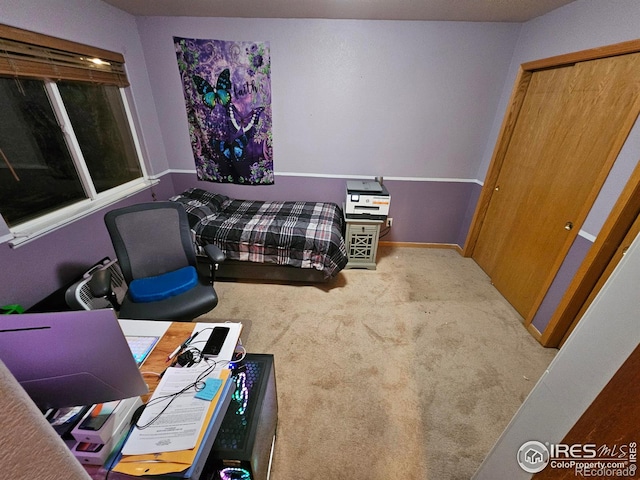 bedroom featuring a closet and light colored carpet