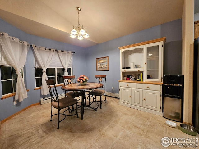 dining room featuring a baseboard radiator, lofted ceiling, and an inviting chandelier