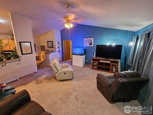 living room with ceiling fan, lofted ceiling, baseboard heating, and light carpet