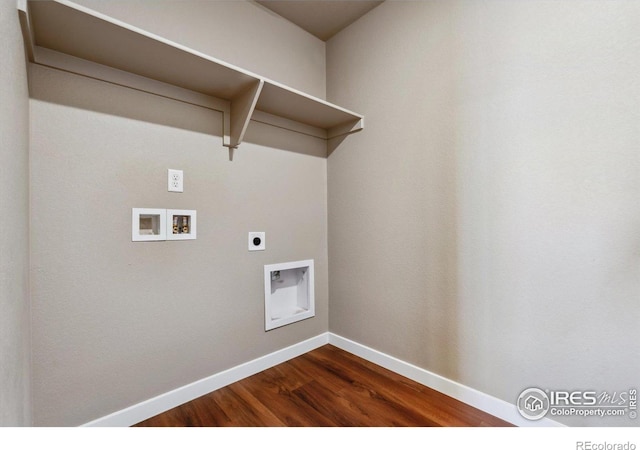 clothes washing area with hardwood / wood-style floors, electric dryer hookup, and hookup for a washing machine