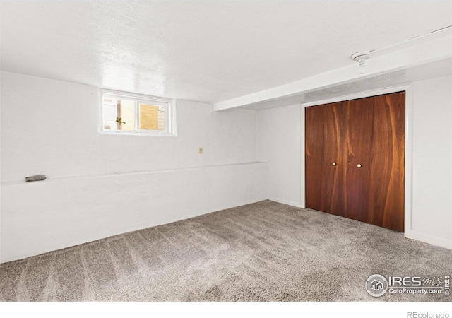 interior space featuring carpet, a textured ceiling, and a closet