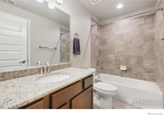 full bath with toilet, shower / bath combination, vanity, and visible vents