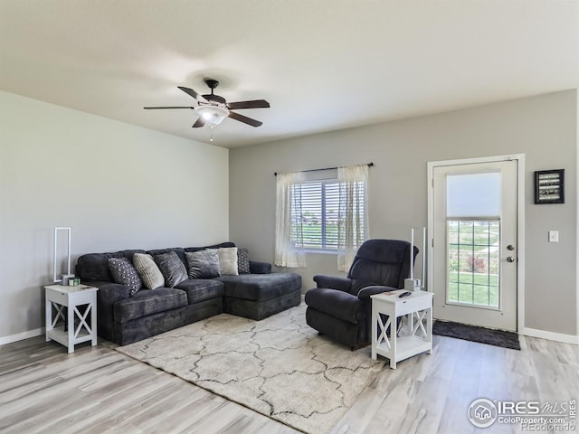 living room with ceiling fan and light wood-type flooring