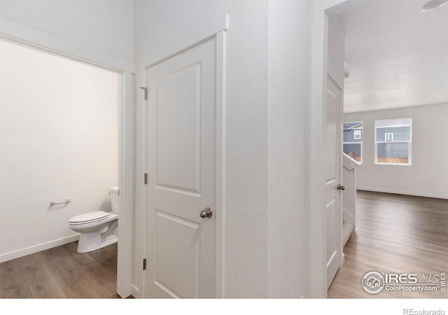 bathroom featuring toilet, wood-type flooring, and a textured ceiling