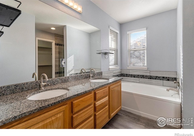 bathroom featuring separate shower and tub, vanity, and wood-type flooring