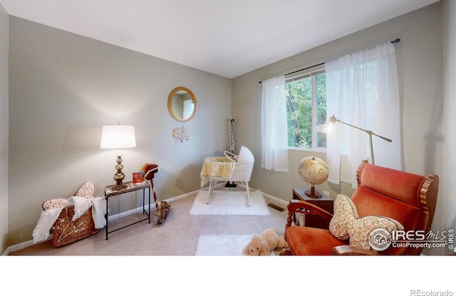 sitting room with carpet floors