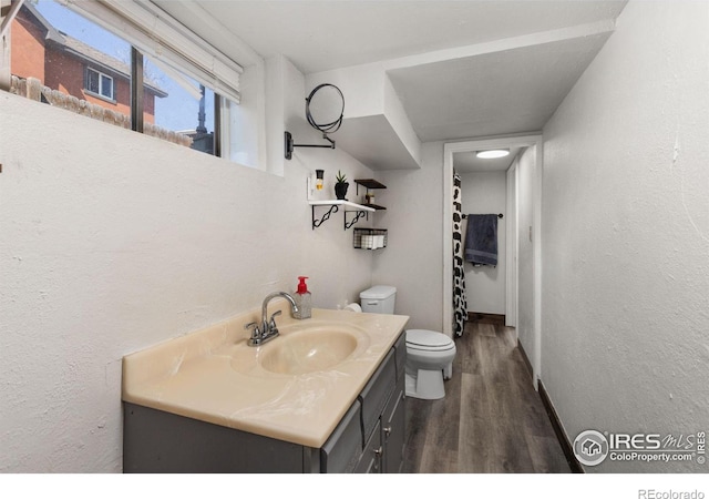 bathroom featuring vanity, toilet, and wood-type flooring