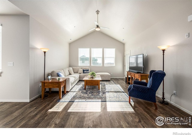 living room with dark hardwood / wood-style flooring, vaulted ceiling, and ceiling fan