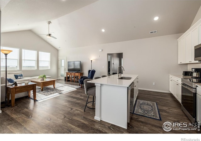 kitchen featuring lofted ceiling, dark wood-type flooring, a kitchen breakfast bar, sink, and an island with sink