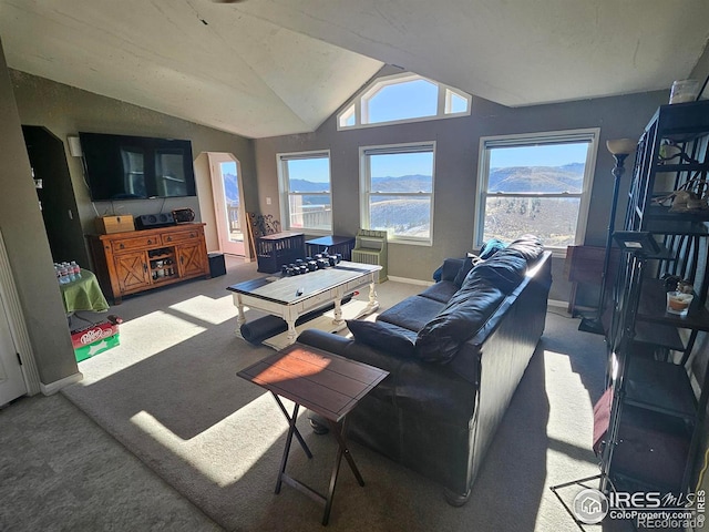 living room featuring a mountain view, carpet floors, and lofted ceiling