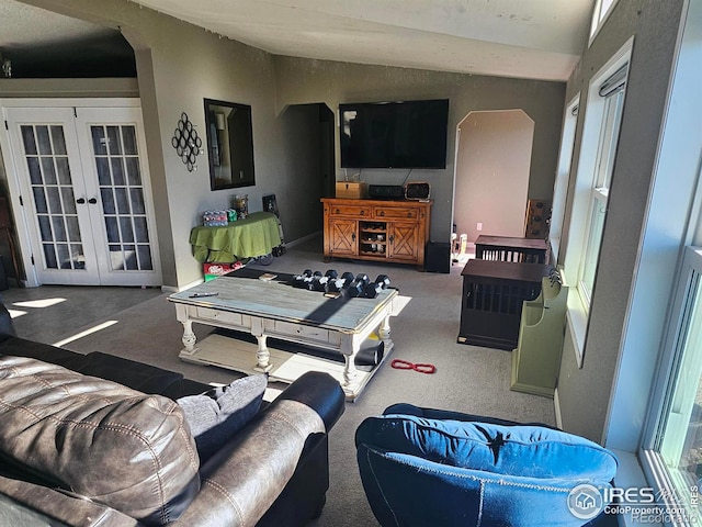 living room with french doors and carpet floors