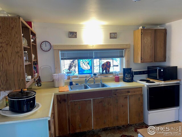 kitchen with plenty of natural light, white electric range, and sink