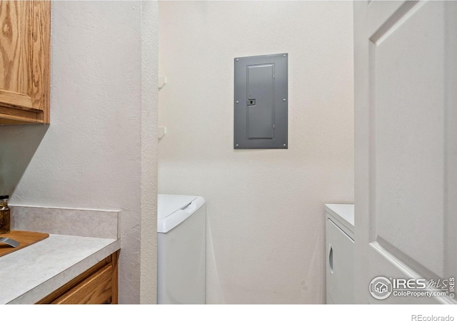 washroom featuring laundry area and electric panel