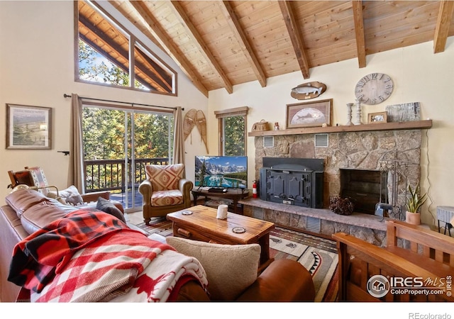 living room featuring beam ceiling, a wood stove, wooden ceiling, a stone fireplace, and high vaulted ceiling