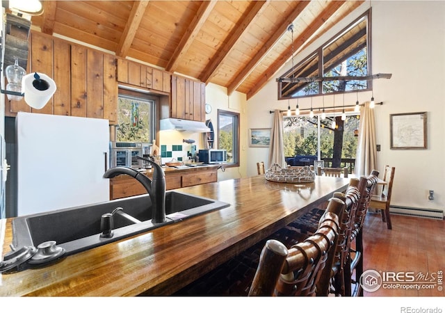 kitchen with dark hardwood / wood-style flooring, baseboard heating, plenty of natural light, and wooden ceiling