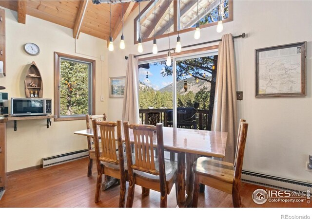 dining space featuring hardwood / wood-style floors, vaulted ceiling with beams, a baseboard heating unit, and wood ceiling