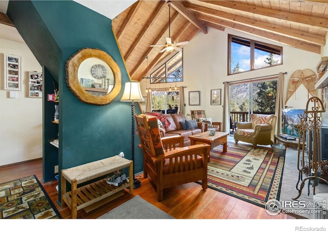 interior space featuring ceiling fan, beam ceiling, high vaulted ceiling, wooden ceiling, and hardwood / wood-style floors