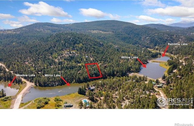 bird's eye view with a water and mountain view