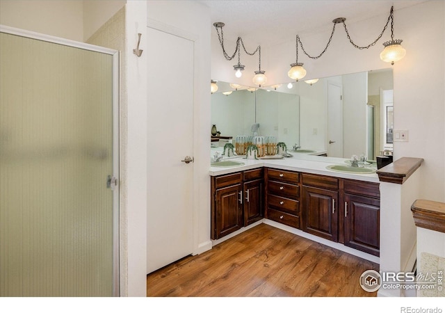 bathroom featuring hardwood / wood-style floors, vanity, and a shower with door