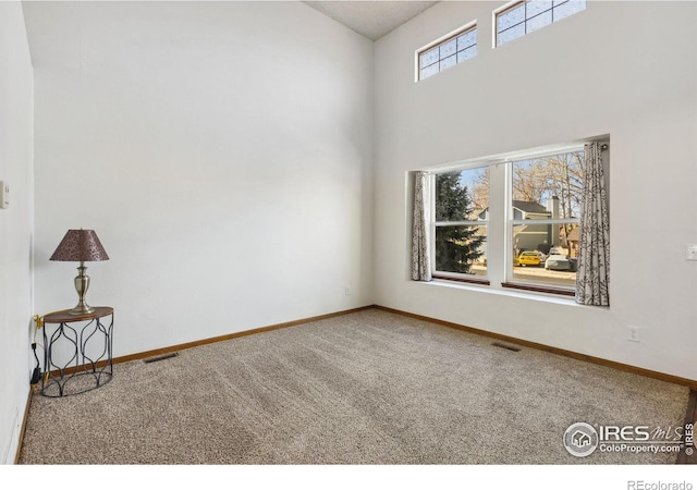 unfurnished room with carpet and a high ceiling