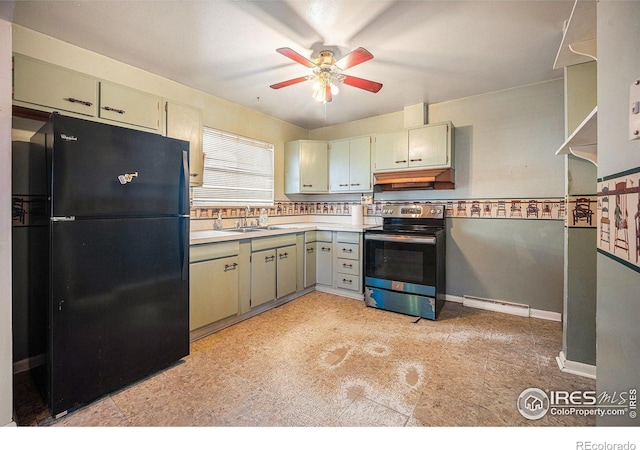 kitchen with stainless steel electric range, black fridge, sink, ceiling fan, and a baseboard radiator