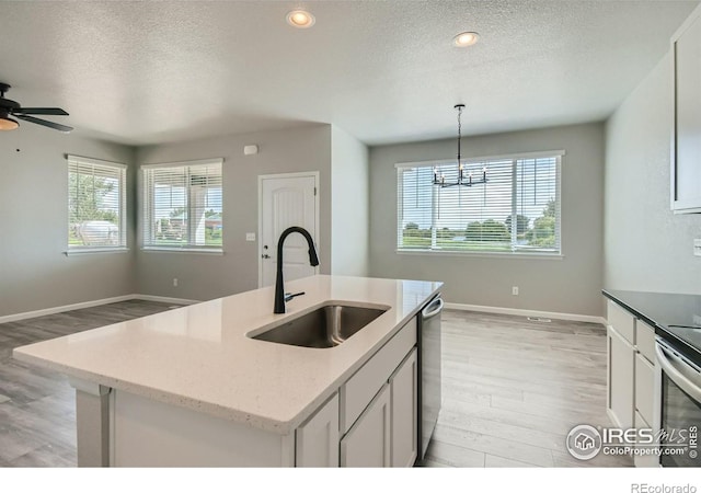 kitchen with decorative light fixtures, light hardwood / wood-style flooring, plenty of natural light, and sink