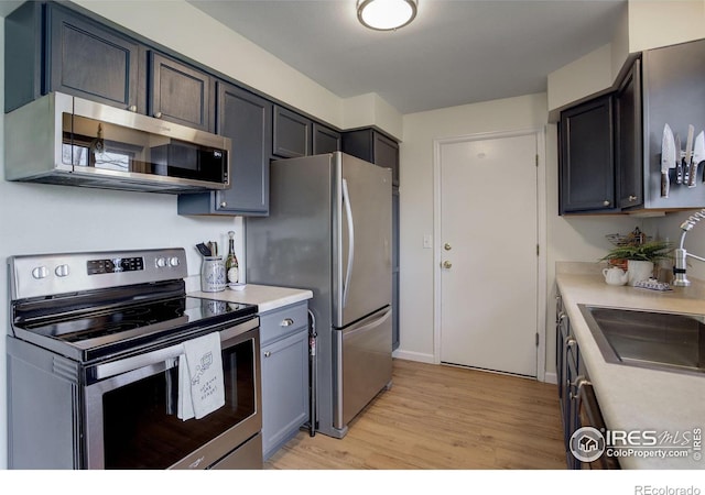 kitchen with light wood-type flooring, sink, and appliances with stainless steel finishes