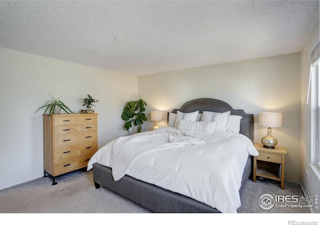 bedroom with a textured ceiling and light carpet