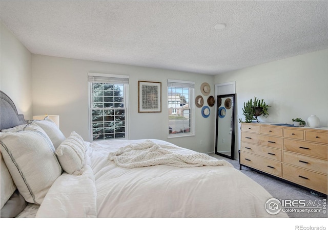 bedroom with carpet flooring and a textured ceiling