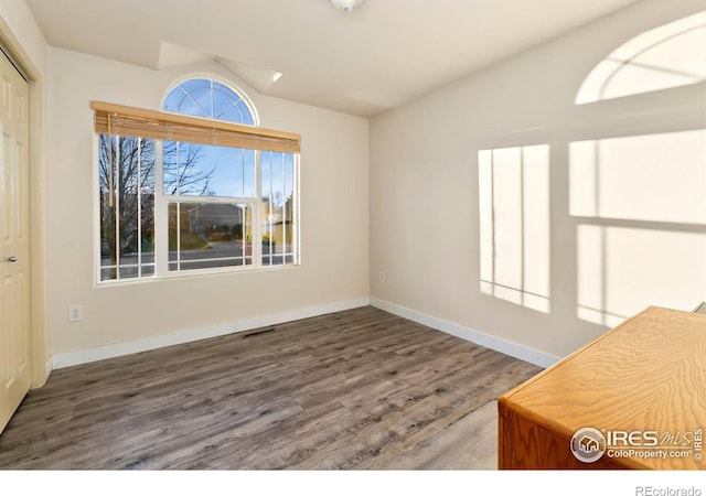 unfurnished dining area featuring lofted ceiling and dark wood-type flooring