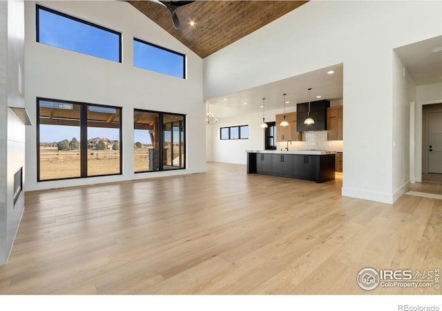 unfurnished living room with high vaulted ceiling, ceiling fan with notable chandelier, sink, light wood-type flooring, and wood ceiling