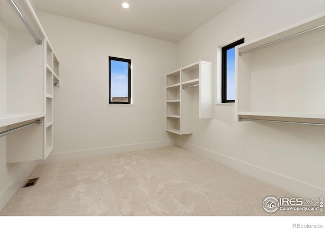 spacious closet featuring light colored carpet