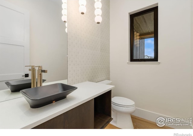 bathroom featuring hardwood / wood-style floors, vanity, and toilet