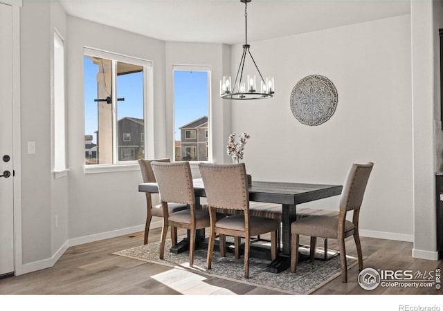 dining room with a chandelier, hardwood / wood-style floors, and a healthy amount of sunlight