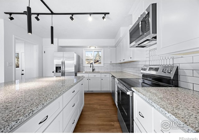 kitchen with sink, dark hardwood / wood-style floors, appliances with stainless steel finishes, light stone counters, and white cabinetry