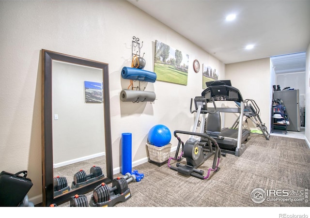 workout room with carpet flooring